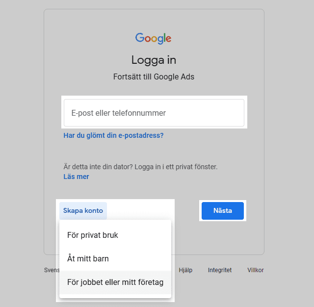 Google SERP - Logga in
