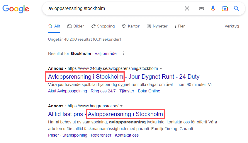 Google SERP - Avloppsrensning i Stockholm