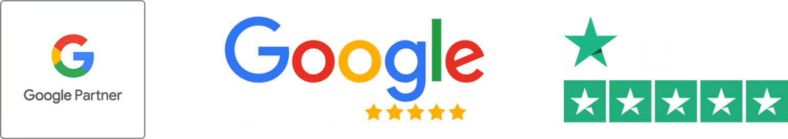 Google Partner-märke, Google Reviews med 5 stjärnor och Trustpilot med 5-stjärnigt omdöme