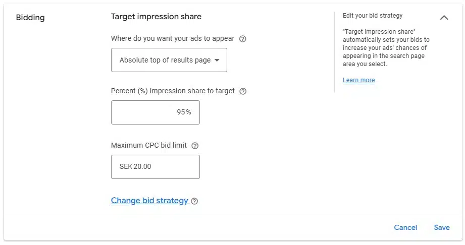 Målexponeringsandel (Target Impression Share)